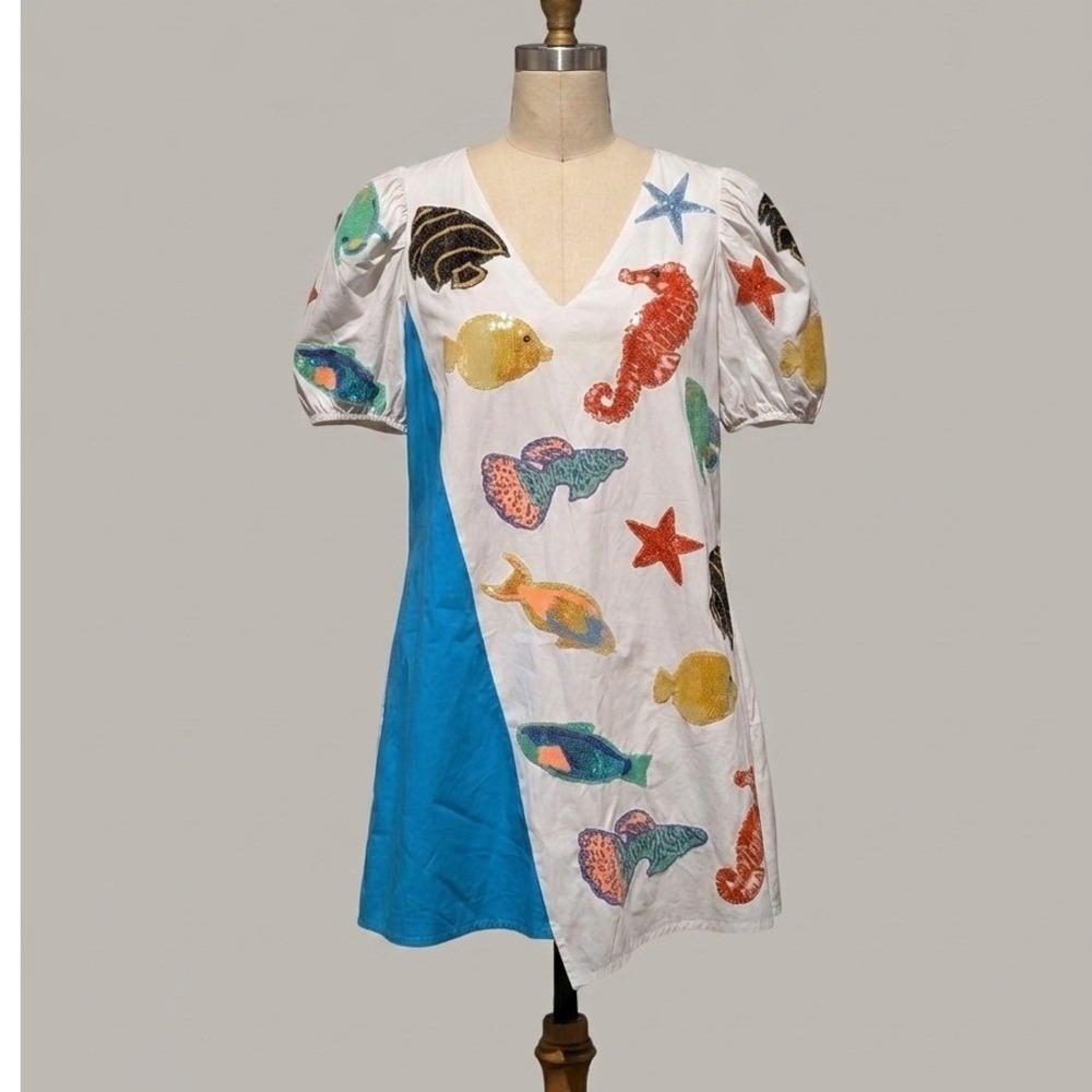 Queen‎ of Sparkles Under the Sea Sequin Fish Seahorse Cotton Dress White Blue XS